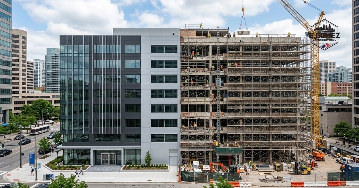 Commercial building undergoing a large exterior renovation
