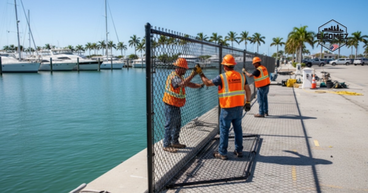 Fence installation crew working beside a Southwest Florida marina